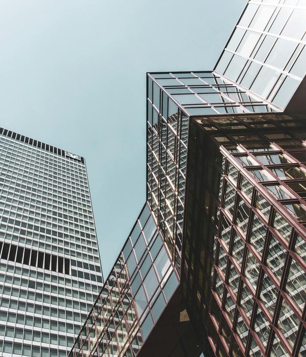Contemporary business center exterior with reflective windows